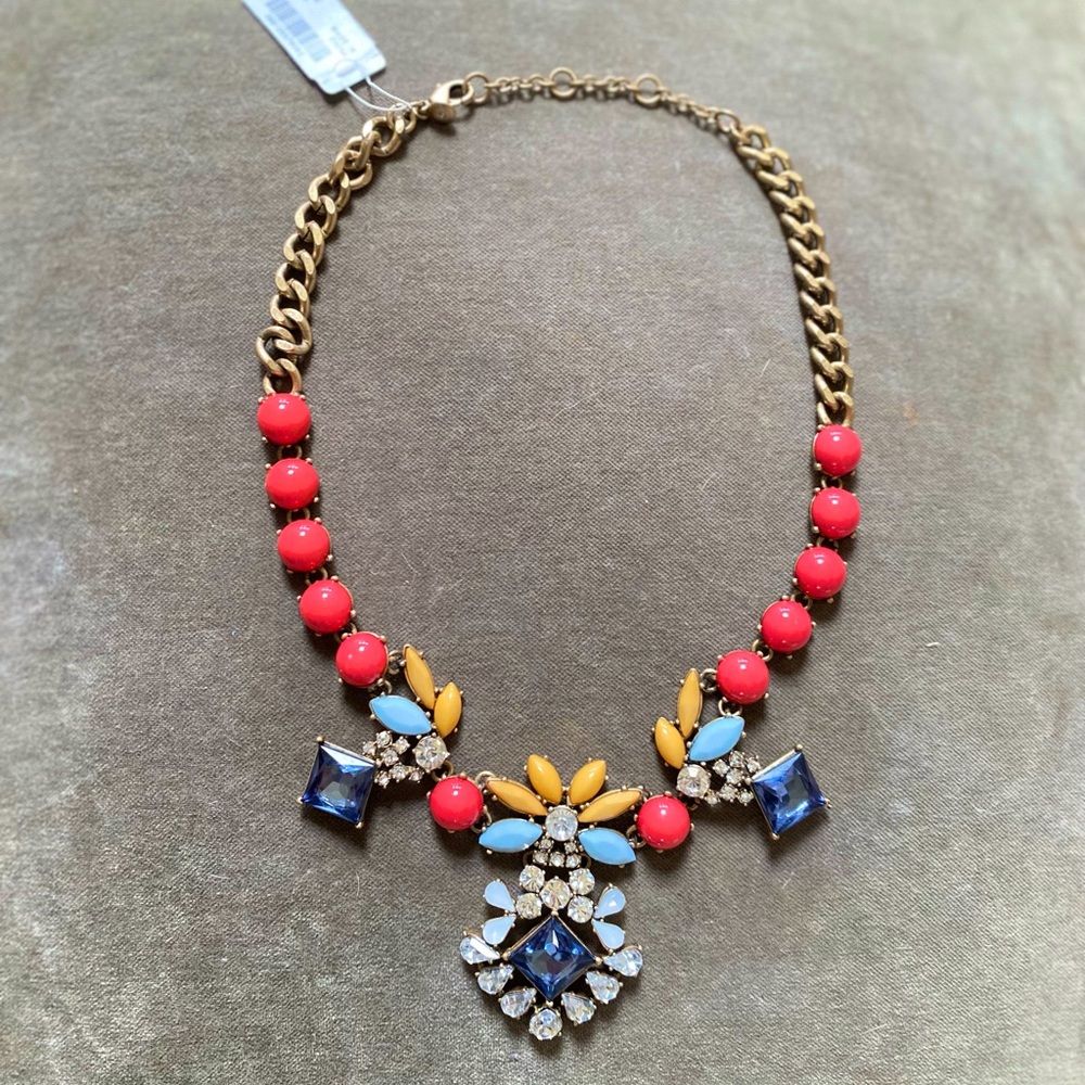 J Crew Vintage Gold Toned Necklace With Colorful Crystals And Beads